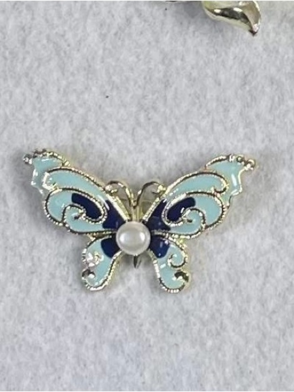 Blue Enamel Butterfly Brooch with Pearl Accent